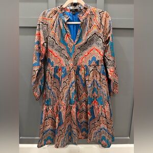 J. Crew Vibrant Blue and Red Paisley Long Sleeve Dress